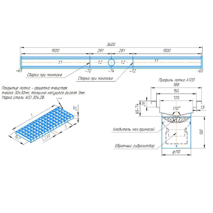 Лоток канализационный А120, 3600 мм - фото 1