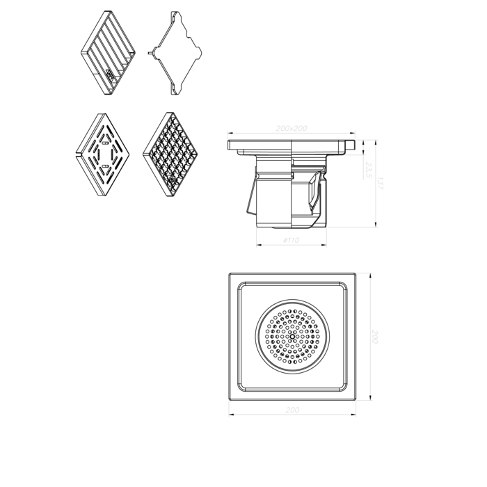 Вертикальный трап нержавеющий 200х200, DN110, AISI 304 - фото 1